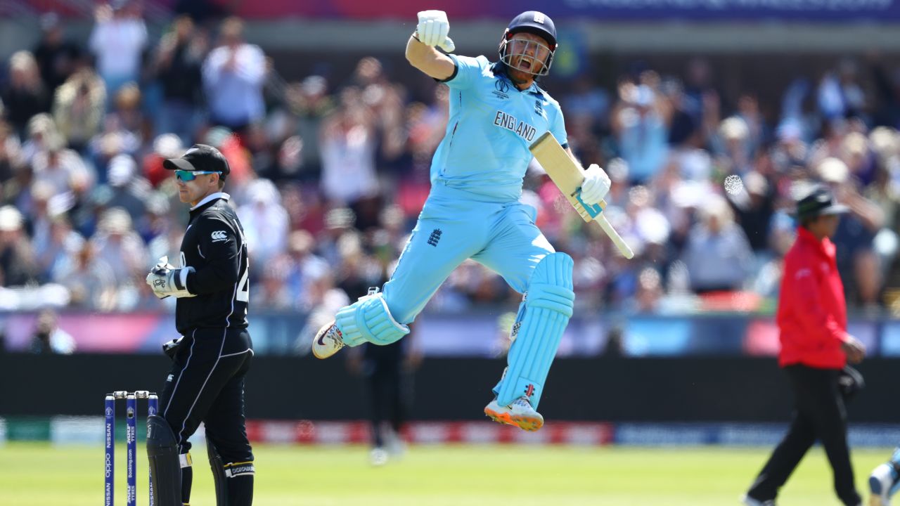 CHESTER-LE-STREET, ENGLAND - JULY 03: Jonny Bairstow of England celebrates reaching his century during the Group Stage match of the ICC Cricket World Cup 2019 between England and New Zealand at Emirates Riverside on July 03, 2019 in Chester-le-Street, England (Photo by Michael Steele/Getty Images)