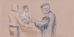 A courtroom sketch completed Wednesday that shows, from left to right, Andrea Gallagher, Special Operations Chief Eddie Gallagher, and Navy Judge Capt. Aaron Rugh.