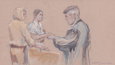 A courtroom sketch completed Wednesday that shows, from left to right, Andrea Gallagher, Special Operations Chief Eddie Gallagher, and Navy Judge Capt. Aaron Rugh.