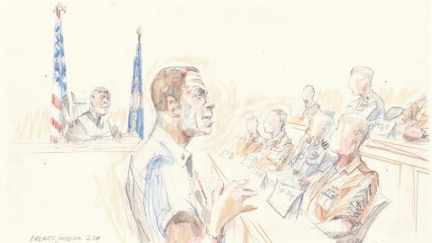 A courtroom sketch shows Special Operations Chief Eddie Gallagher addressing the jury on Wednesday.