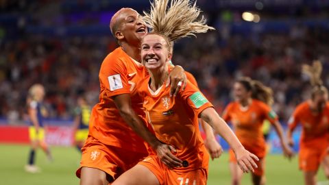Jackie Groenen celebrates scoring the winning goal for the Netherlands.