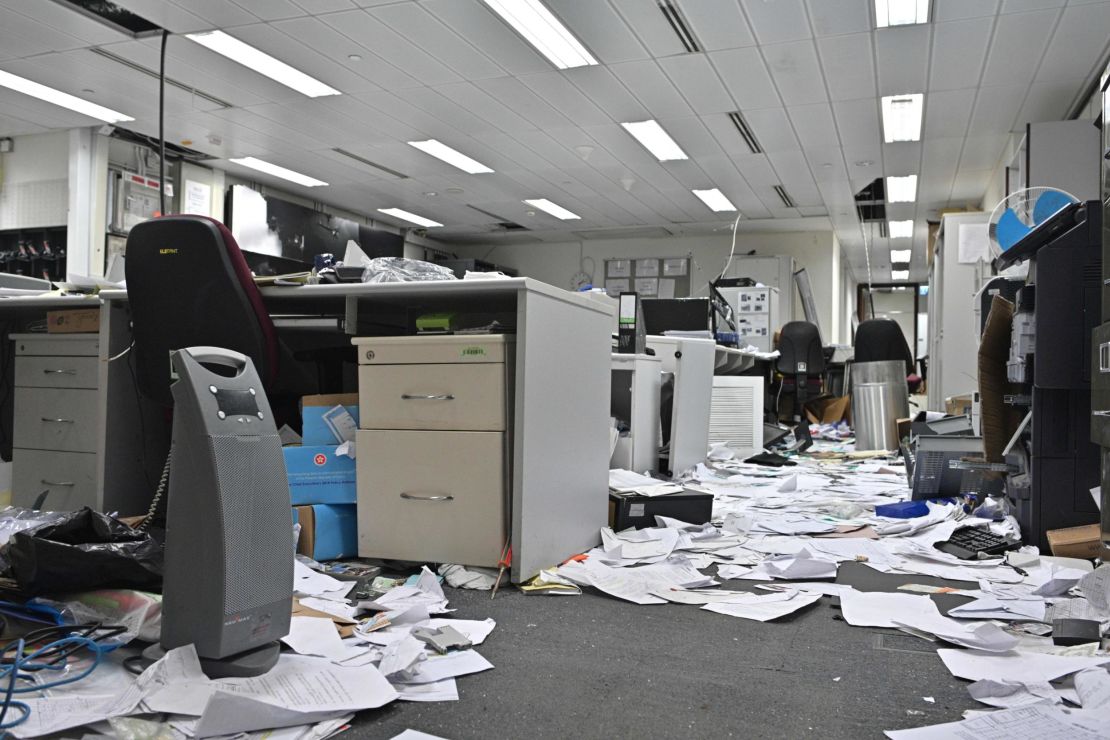 Papers and items are seen scattered across a control room during a media tour of the Legislative Council.