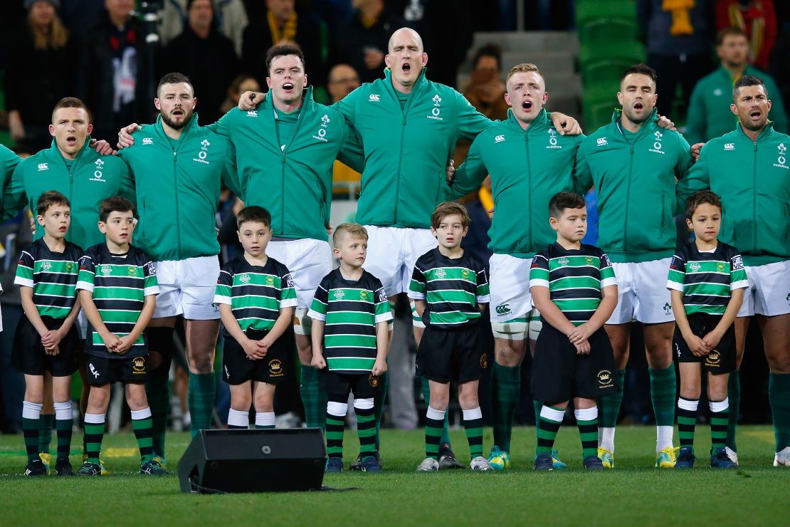 Irish players sing "Ireland's Call" before taking on the Wallabies. 