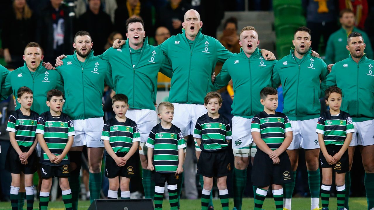 Irish players sing "Ireland's Call" before taking on the Wallabies. 