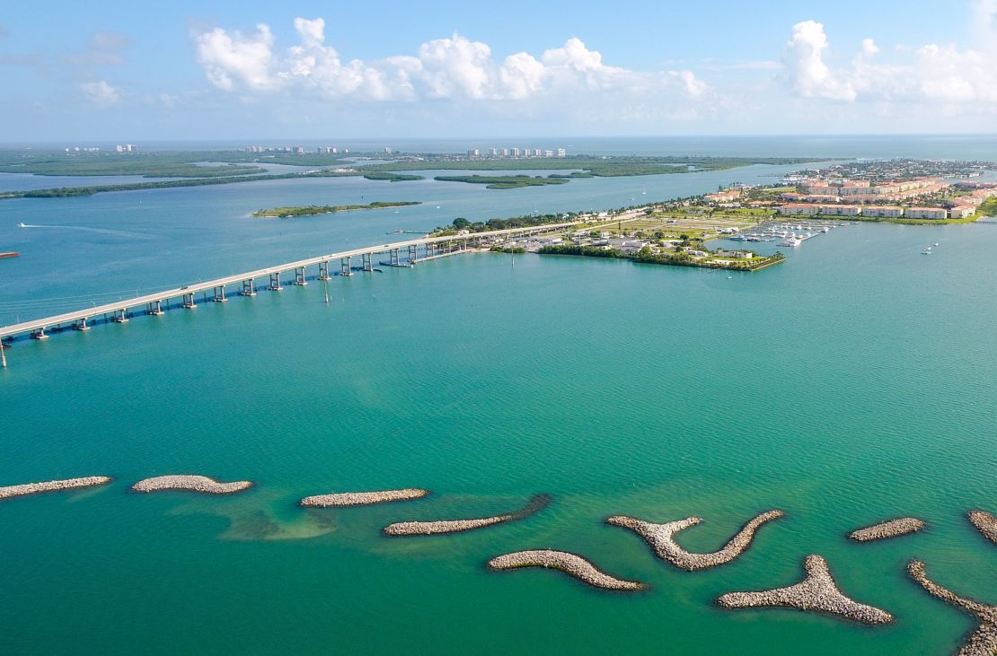 An aerial image of Fort Pierce Marina by local photographer Joseph Semkow. Designed by Tetra Tech, it includes a series of curved, artificial islands.