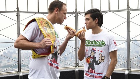 Defending men's champion Joey Chestnut, left, and former champion Matt Stonie during the contest weigh-in on Wednesday at the Empire State Building in New York. (Photo by Evan Agostini/Invision/AP)