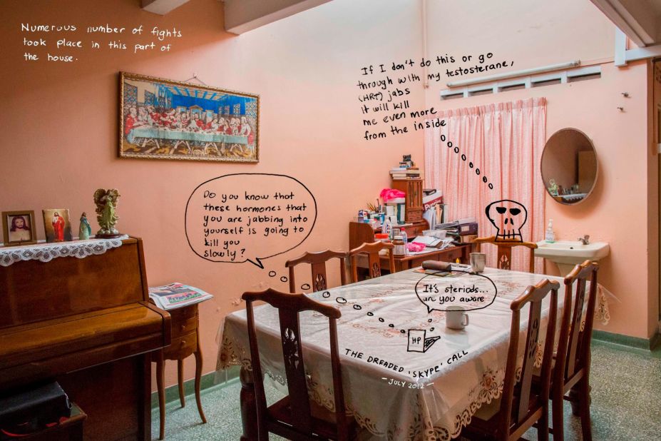 Baey worked with Jose to create an image of his family dining area, where heated arguments have taken place concerning his decision to transition. 