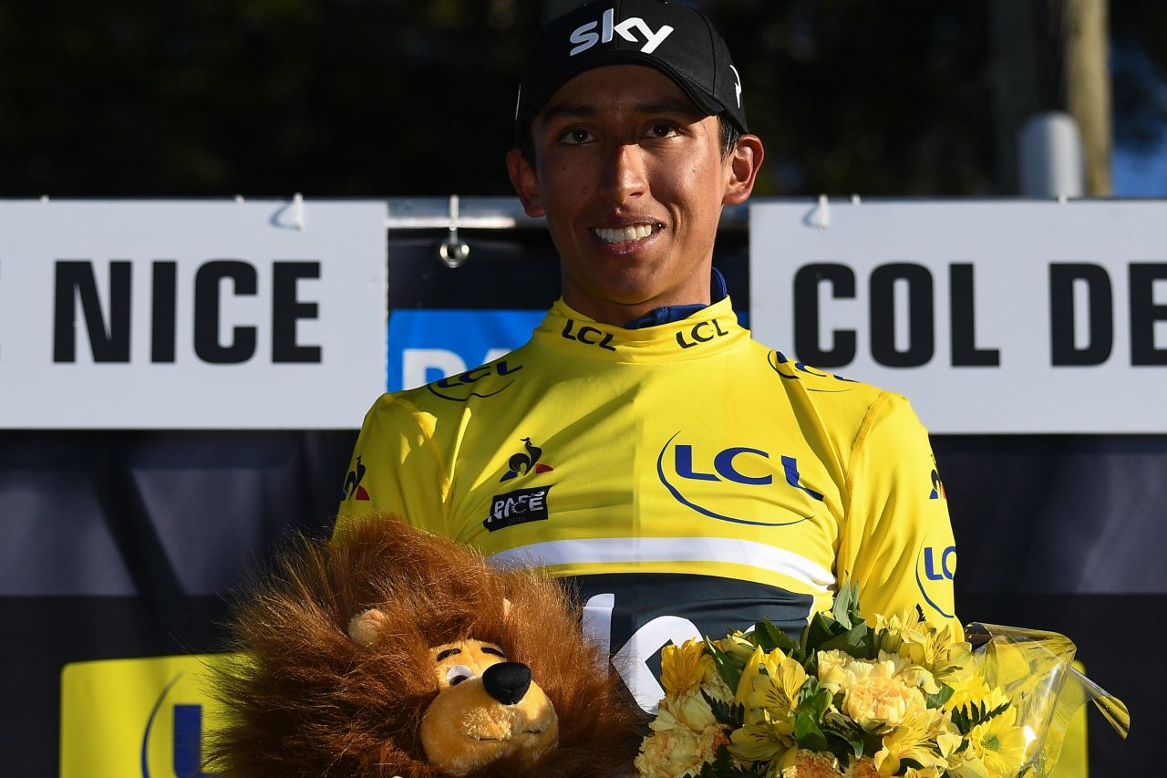 Maybe an omen? Colombia's Egan Bernal celebrates his overall leader yellow jersey after winning the Paris-Nice race earlier this year. He is among the favorites for this year's Tour de France.