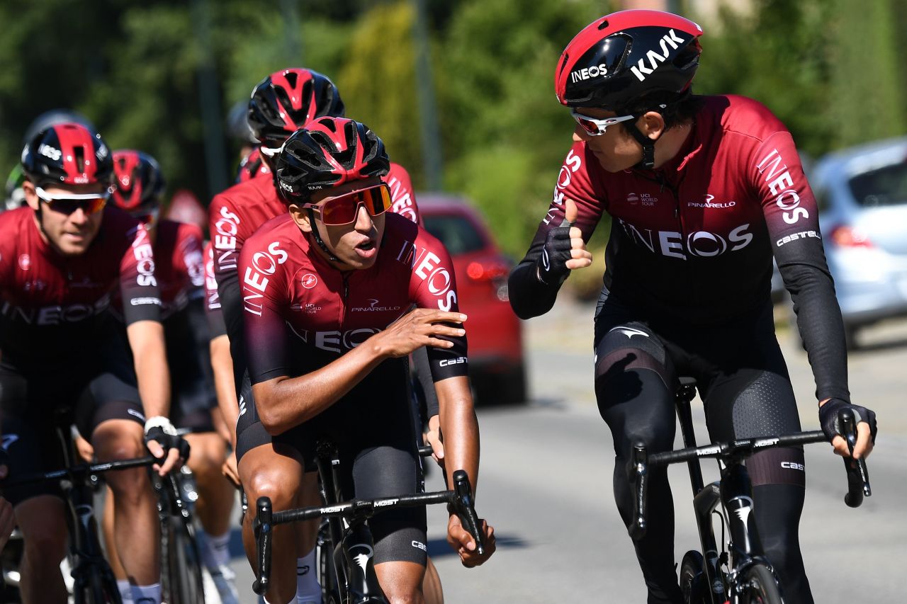 Team Ineos joint team leaders, Colombia's Egan Bernal and Britain's Geraint Thomas  share a moment on a training ride before the start of the 106th Tour de France. 