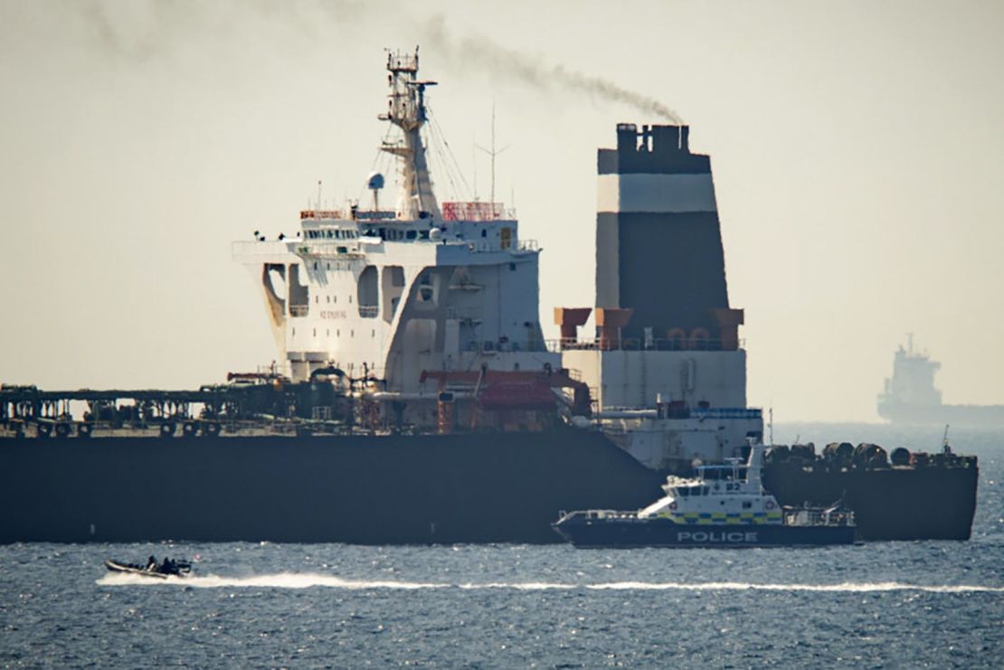 The Grace 1 super tanker near a Royal Marine patrol vessel off Gibraltar on July 4.