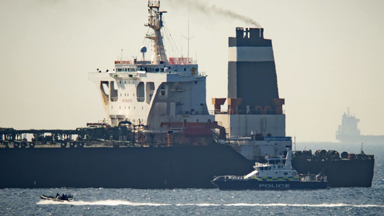 The Grace 1 super tanker near a Royal Marine patrol vessel off Gibraltar on July 4.