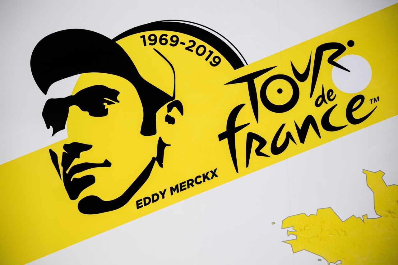 A designed portrait of Eddy Merckx features on Tour de France posters, with the 2019 start in his native Belgium in honor of his achievements with this year the 50th anniversary of his first Tour win in 1969.