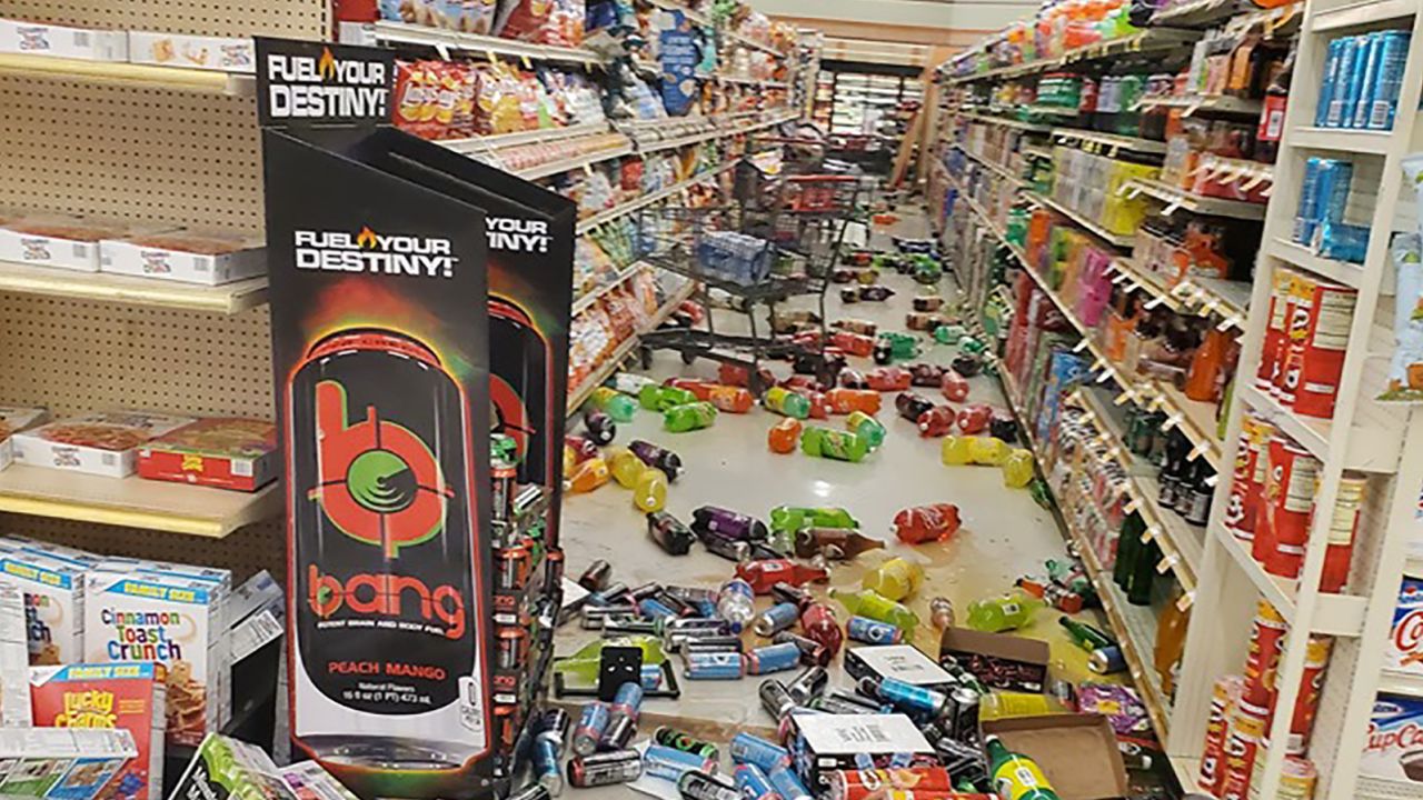 Items knocked from the shelves inside State Bros. Markets in Ridgecrest, California.