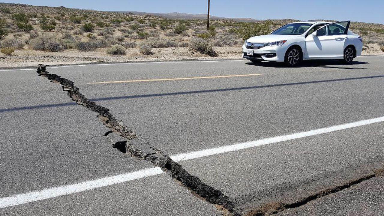 A crack in the road is seen near Ridgecrest , California on Thursday, July 4, after an earthquake in the area.