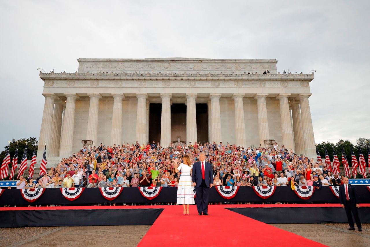 Trump and his wife, Melania, arrive for the event. Presidents haven't traditionally delivered public remarks on the Fourth of July, much less an address on the National Mall. Usually the holiday is marked with a picnic for service members and their families on the White House South Lawn, followed by a viewing of fireworks over the Washington Monument.