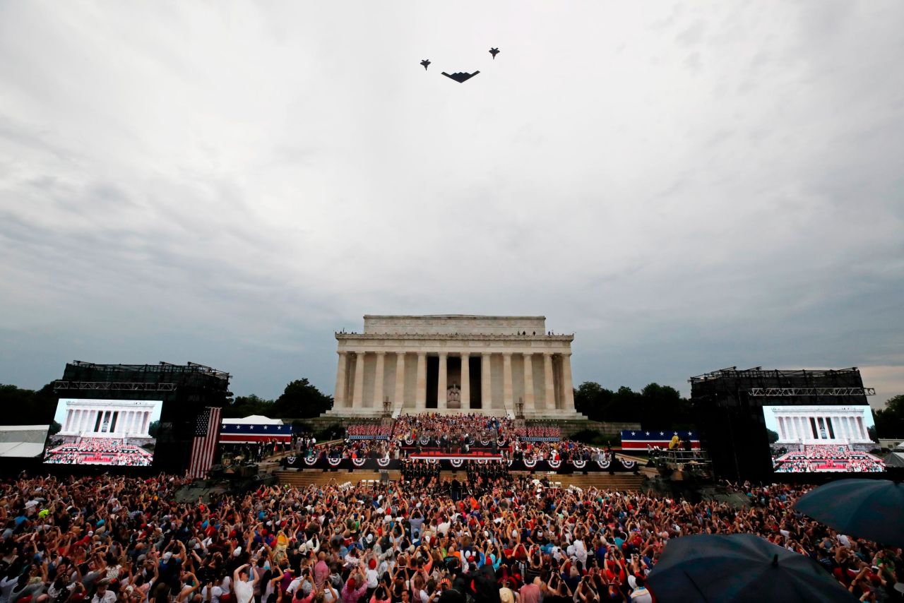 Air Force jets fly over the Lincoln Memorial during Trump's speech. Trump introduced aircraft from all different branches of the military.