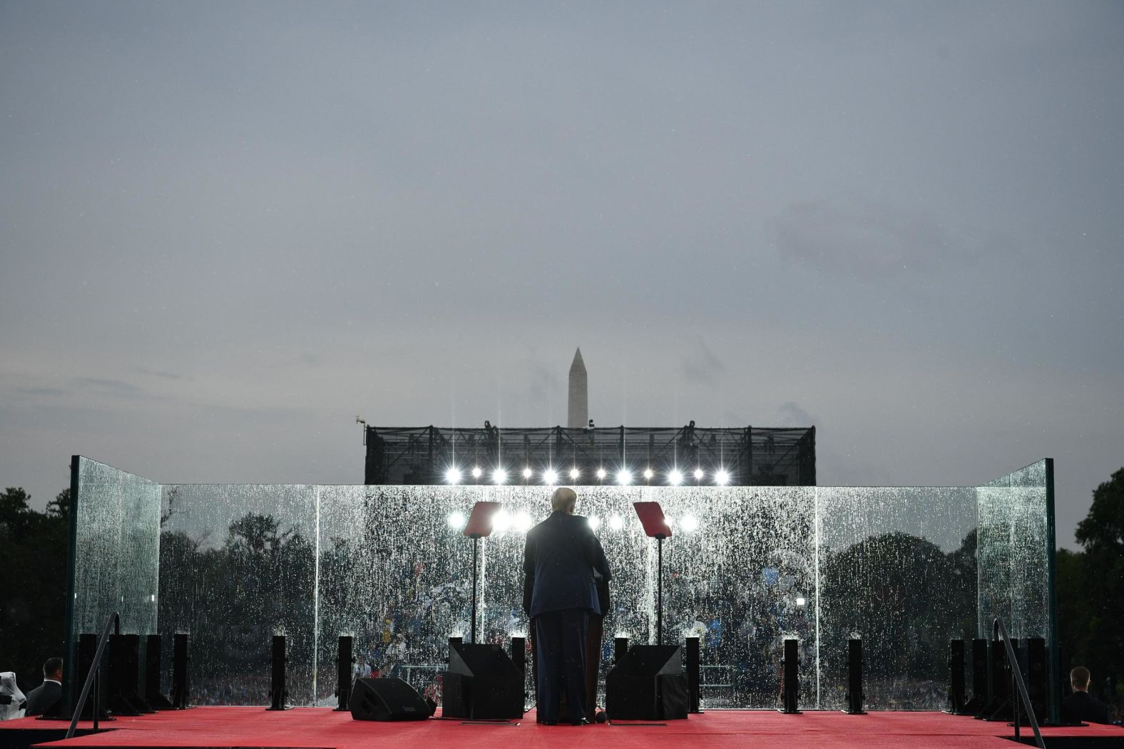 The President delivered his speech behind bulletproof glass. He struck a patriotic tone in <a href="index.php?page=&url=https%3A%2F%2Fwww.cnn.com%2Fpolitics%2Flive-news%2Ftrump-washington-dc-july-4-2019%2Fh_a70dff7abf7bd57b33e7f57186e8bcb1" target="_blank">a largely apolitical speech</a> running approximately 45 minutes, including the flyovers.