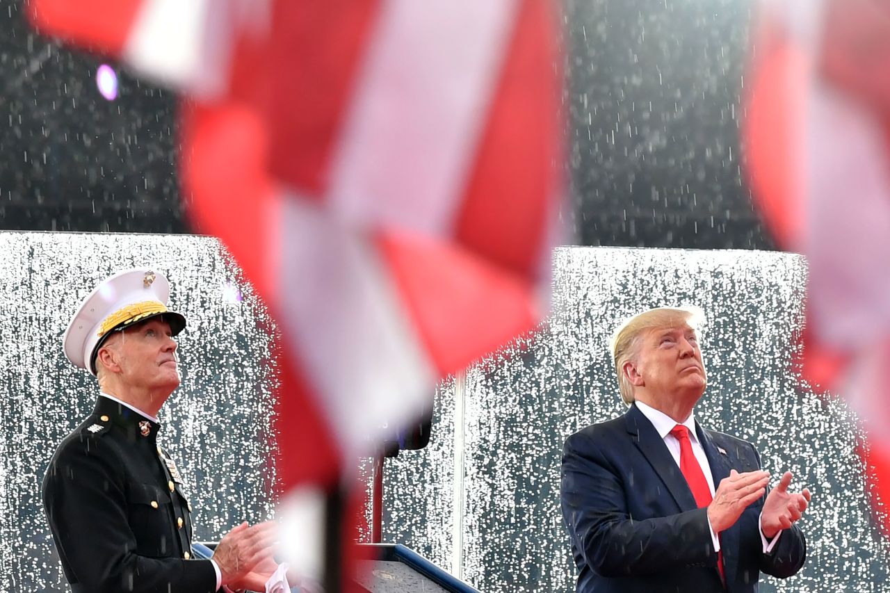 Trump and Joseph Dunford, chairman of the Joint Chiefs of Staff, watch one of the flyovers during the "Salute to America" event. While most of the top US military brass attended the event, some had prior engagements planned and couldn't attend.