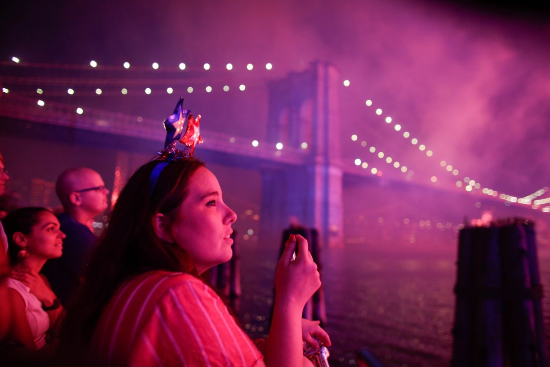 People watch fireworks light up the Brooklyn Bridge during the annual Macy's fireworks show on the East River from Manhattan July 4, 2019.