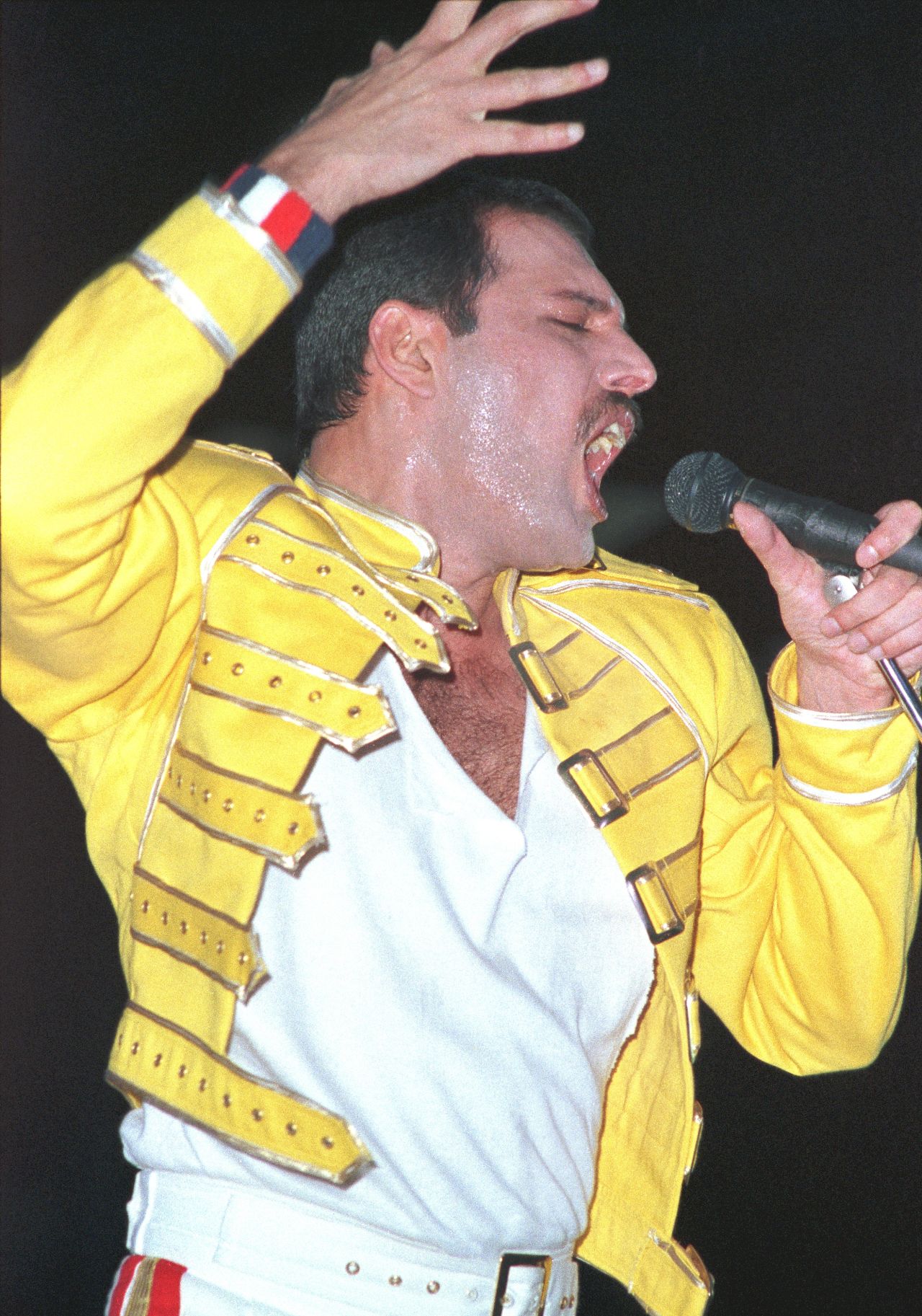 Freddie Mercury performs on stage at Wembley Stadium.