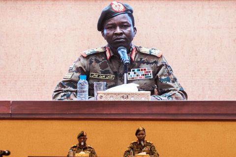 Sudan's Transitional Military Council spokesman Shams-Eddin Kabashi, right, speaks during a press conference at the Presidential Palace in Khartoum on June 13. Sudan's ruling military council admitted that it had ordered the dispersal of a Khartoum sit-in, which left more than 100 dead.
