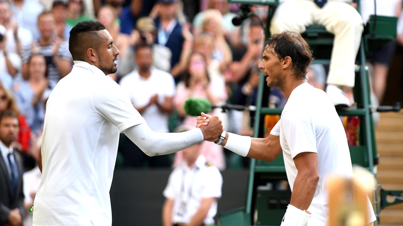 Nick Kyrgios (left) and Rafael Nadal shake hands after their heated clash at Wimbledon.