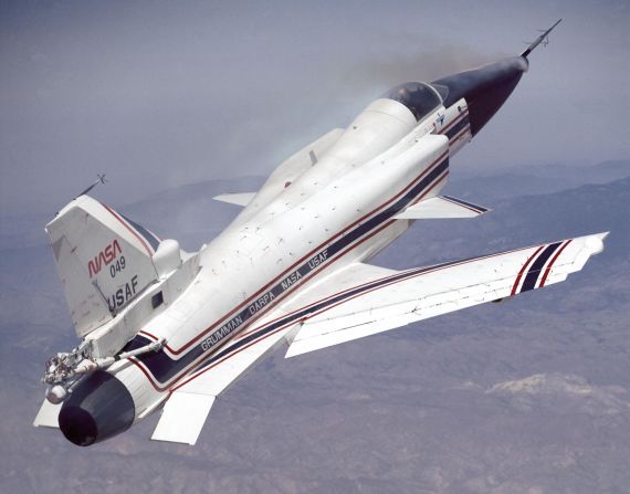 The X-29 during a 1991 research flight. Smoke generators in the nose of the aircraft were used to help researchers see the behavior of the air flowing over the aircraft.  