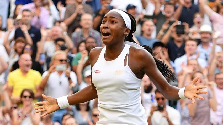 US player Cori Gauff celebrates beating Slovenia's Polona Hercog during their women's singles third round match on the fifth day of the 2019 Wimbledon Championships at The All England Lawn Tennis Club in Wimbledon, southwest London, on July 5, 2019. (Photo by Daniel LEAL-OLIVAS / AFP) / RESTRICTED TO EDITORIAL USE        (Photo credit should read DANIEL LEAL-OLIVAS/AFP/Getty Images)