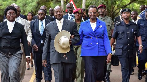 President Yoweri Museveni and First Lady Janet Museveni after delivering the state of the nation address in Kampala, Uganda, on June 6, 2018.