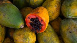 ABENGOUROU, IVORY COAST - MAY 09: Orange open papaya with black seeds, Moyen-Comoé, Abengourou, Ivory Coast on May 9, 2019 in Abengourou, Ivory Coast. (Photo by Eric Lafforgue/Art in All of Us/Corbis via Getty Images)