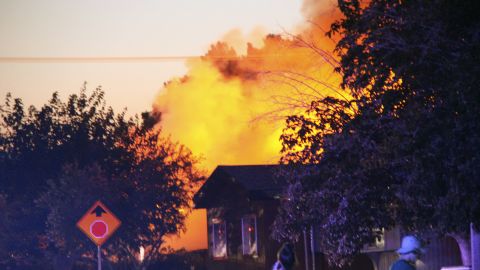 A fire breaks out behind the Casa Corona restaurant following an earthquake in Ridgecrest, California on July 5, 2019.