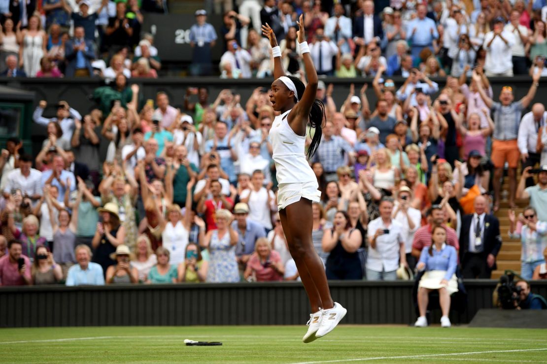 Coco Gauff leaped in joy after winning Friday at Wimbledon. 