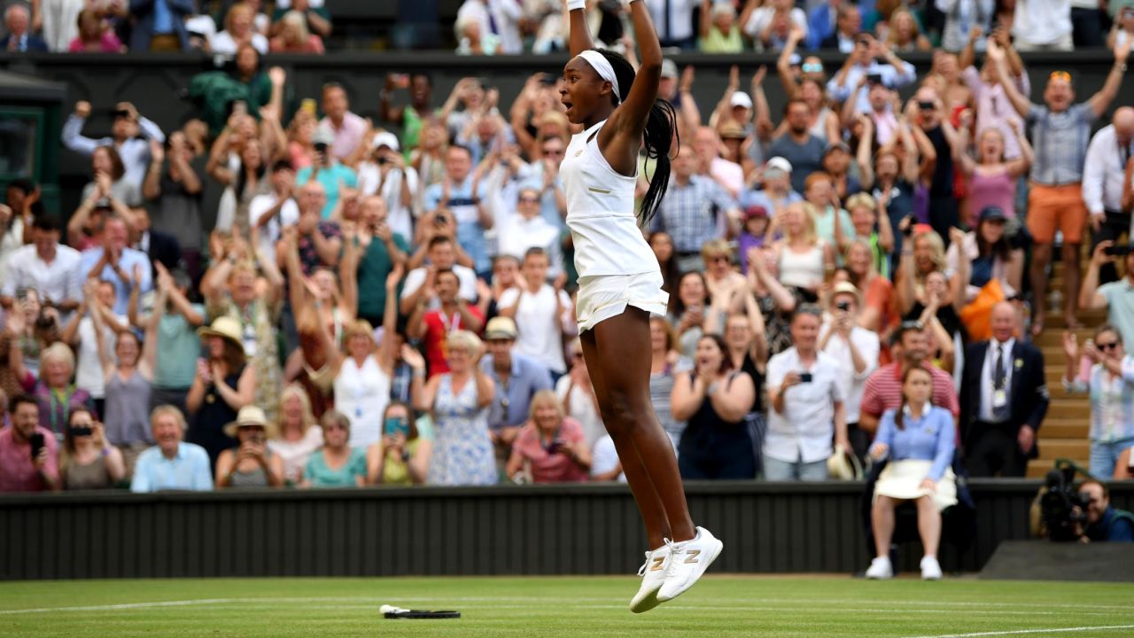 Coco Gauff leaped in joy after winning Friday at Wimbledon.