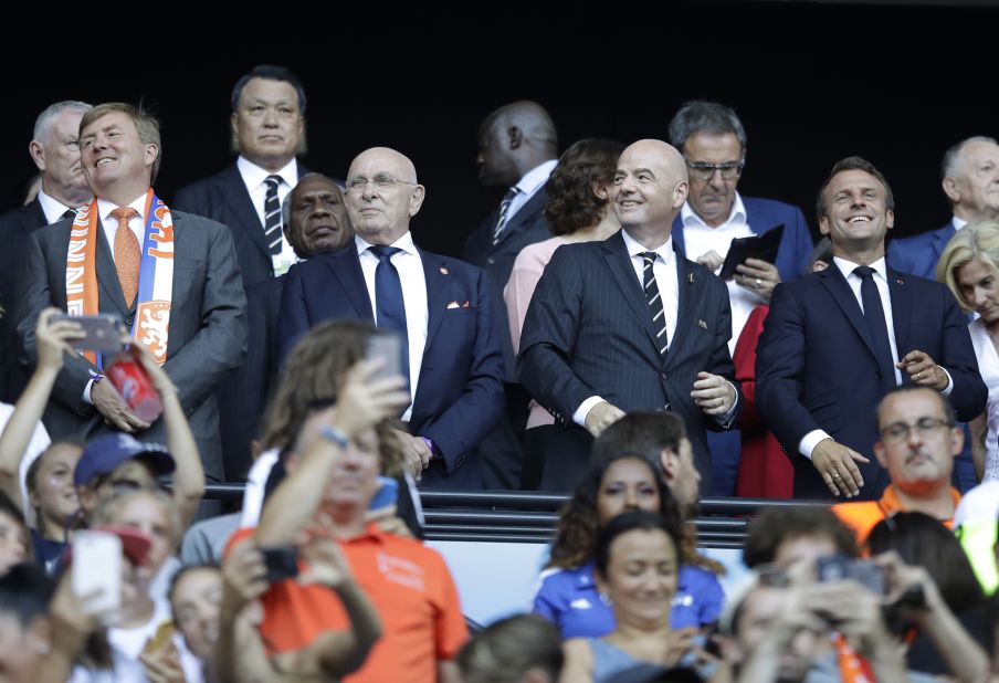 Dutch King Willem-Alexander, far left, and French President Emmanuel Macron, far right, are attending the match.