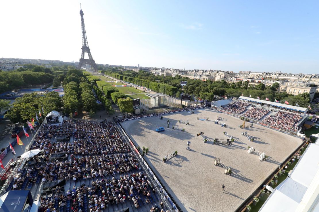 Aerial view of packed grandstand at the LGCT Paris event.