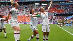 Soccer Football - Women's World Cup Final - United States v Netherlands - Groupama Stadium, Lyon, France - July 7, 2019 Megan Rapinoe of the U.S. celebrates with team mates after scoring their first goal  REUTERS/Denis Balibouse