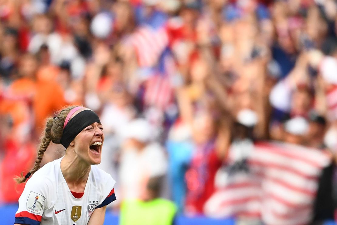 The US team's defender, Becky Sauerbrunn, celebrates after the final whistle during the France 2019 Women's World Cup football final match between the US and the Netherlands yesterday.