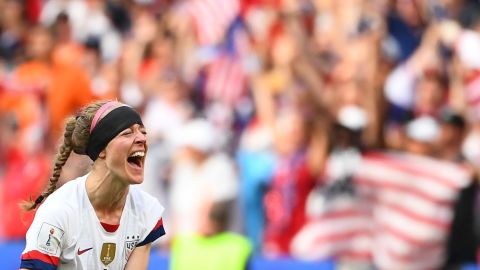 The US team's defender, Becky Sauerbrunn, celebrates after the final whistle during the France 2019 Women's World Cup football final match between the US and the Netherlands yesterday.