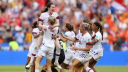 Rose Lavelle of the USA celebrates with Emily Sonnett of the USA and teammates at full-time after winning the 2019 FIFA Women's World Cup France Final match between The United States of America and The Netherlands at Stade de Lyon on July 07, 2019 in Lyon, France.