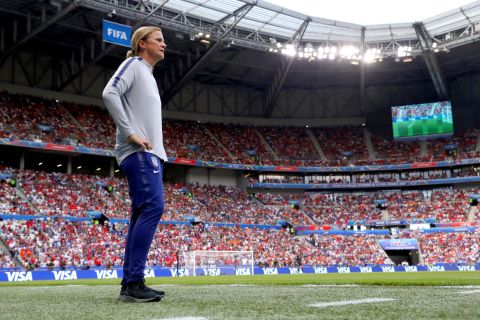 US head coach Jill Ellis watches the action from the sideline. She also coached the Americans to the World Cup title in 2015.