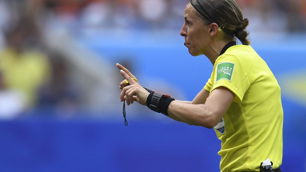 French referee Stephanie Frappart gestures during the FIFA Women's World Cup football final.
