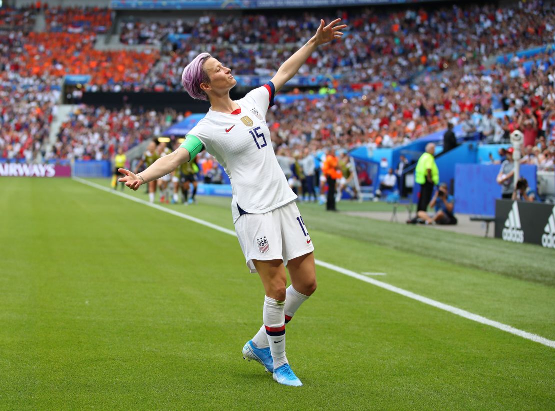 Rapinoe celebrates after scoring at the 2019 Women's World Cup.