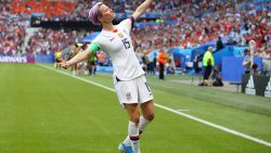 LYON, FRANCE - JULY 07:  Megan Rapinoe of the USA celebrates after scoring her team's first goal during the 2019 FIFA Women's World Cup France Final match between The United States of America and