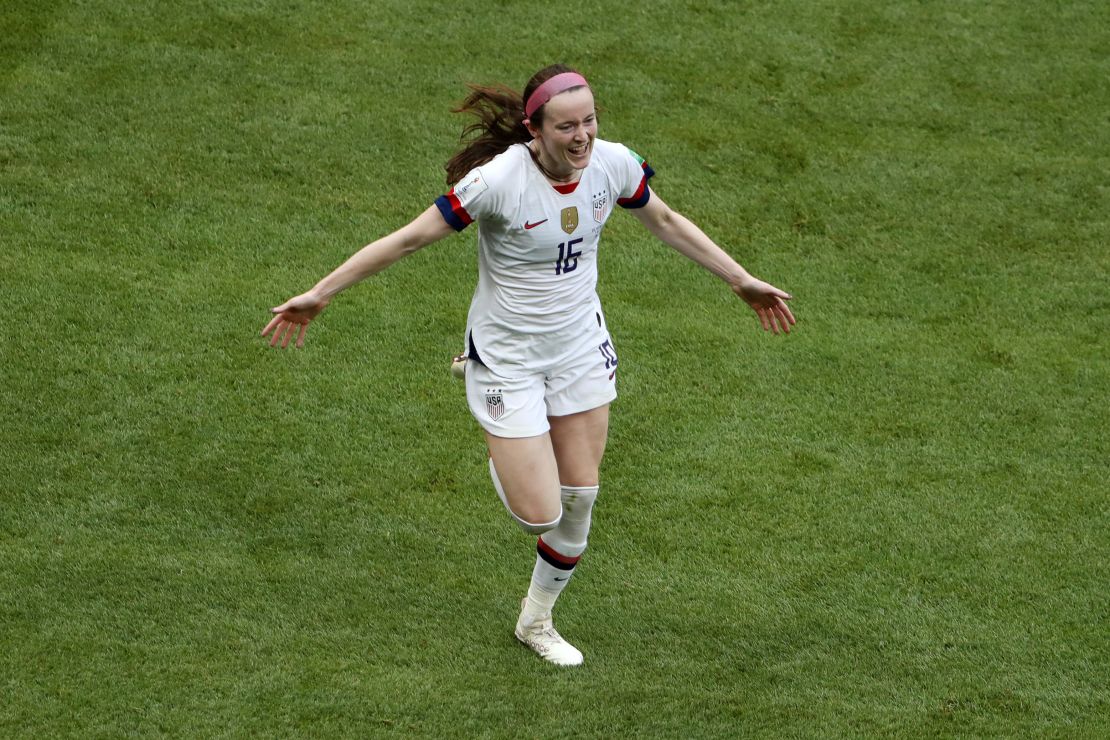 Rose Lavelle of the US team celebrates after scoring her team's second goal during the  match between the US  and the Netherlands.