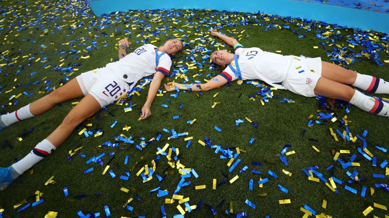 United States teammates Allie Long, left, and Alex Morgan celebrate in the postgame confetti after defeating the Netherlands in the final match of the Women's World Cup in Lyon, France on July 7.