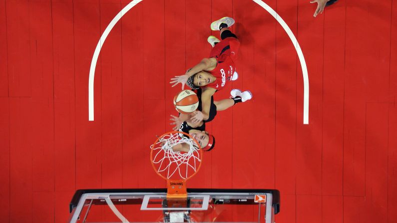 Tianna Hawkins of the Washington Mystics rebounds the ball during a game against the Las Vegas Aces at Mandalay Bay Events Center in Las Vegas on July 5.
