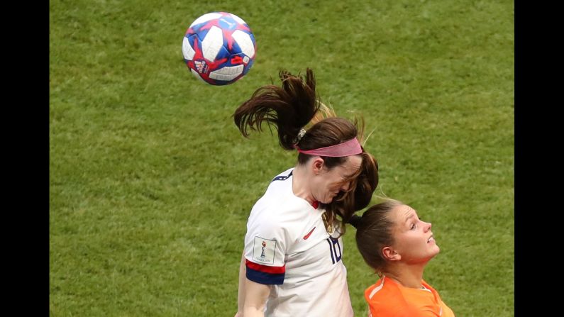 Rose Lavelle of the United States competes for a header with Lucy Nicholson of the Netherlands during the Women's World Cup final in Lyon, France, on Sunday, July 7.