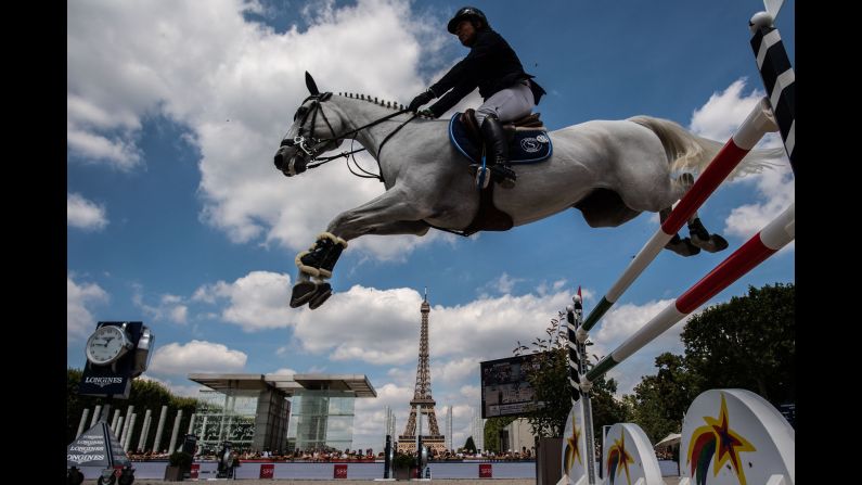 Portugal's Luis Sabino Goncalves competes during the Longines Paris Eiffel Jumping competition in Paris, France, on Sunday, July 7.
