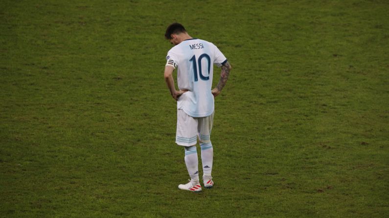Lionel Messi of Argentina reacts after losing the Copa América semifinal match to Brazil at Mineirao Stadium on July 2. Messi, one of the world's greatest players, has never won an international trophy with Argentina's senior team.