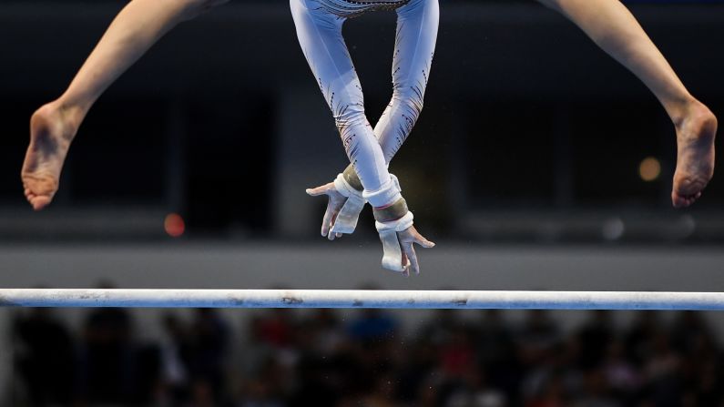 Belgium's Nina Derwael competes in the uneven bars at the European Games in Minsk, Belarus, Sunday, June 30.